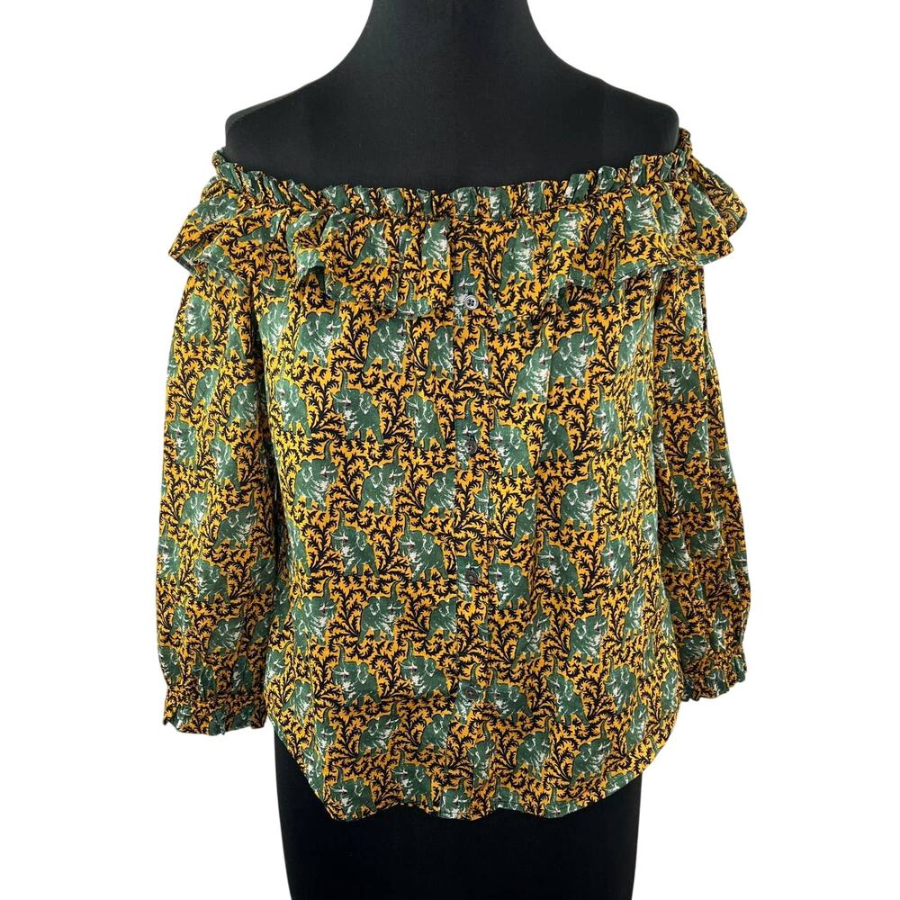 J. Crew Ratti Elephant Print Off-the-Shoulder Top Blouse G7495 Yellow Green 6